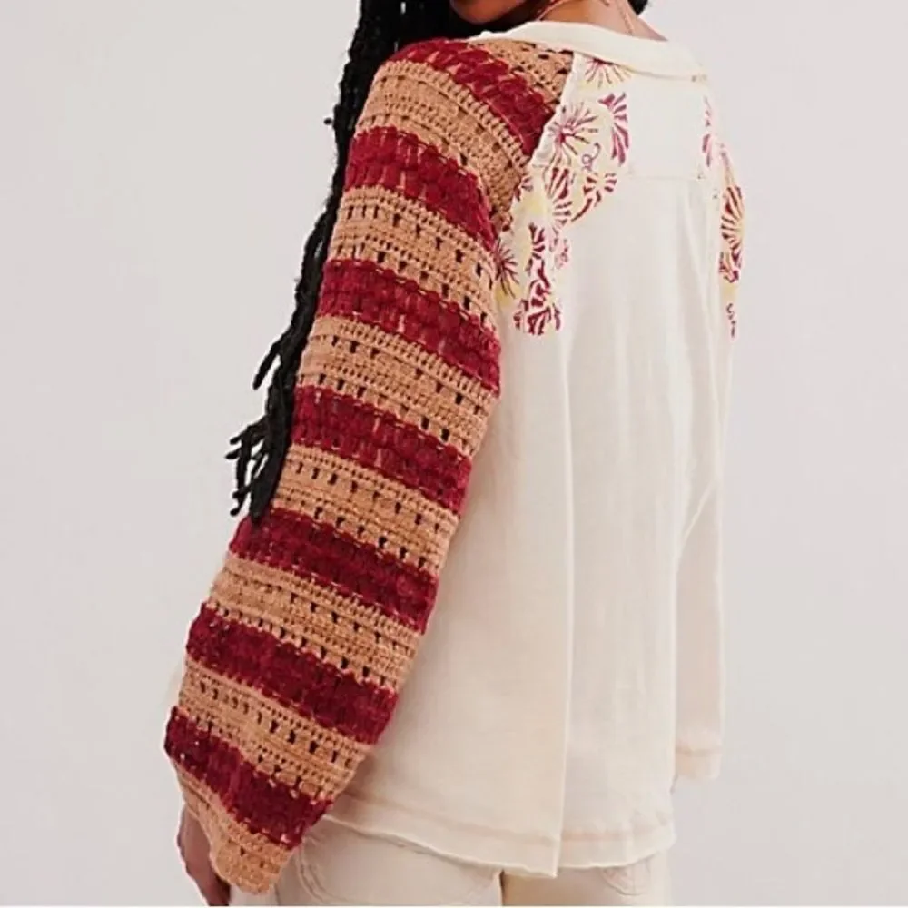 Free People Festival Ready Tee Crochet Sleeve Cream & Rust Knit Top Size Large